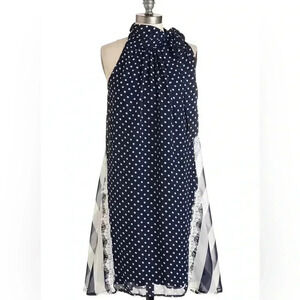 [L]Ryu Anthropologie Polka Dot Navy Blue  Whirled Tour Dress adjustable Neck Tie